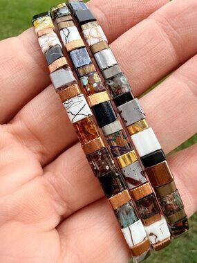 Multicolor Tile Stretch Bracelet Set — Copper & White Accent